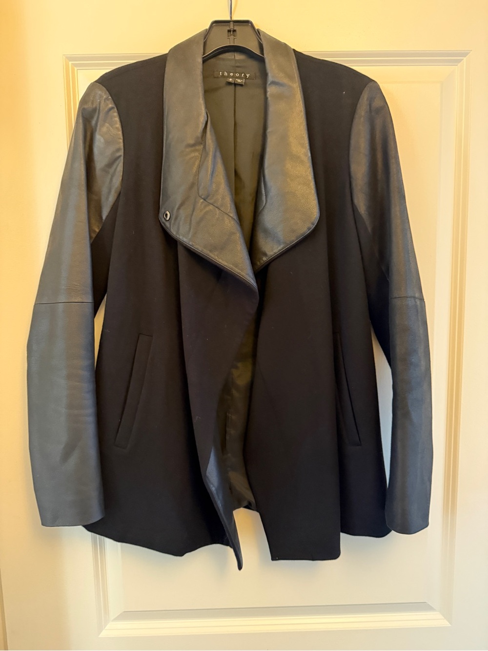 Theory Black Jacket with Leather Sleeves and Collar